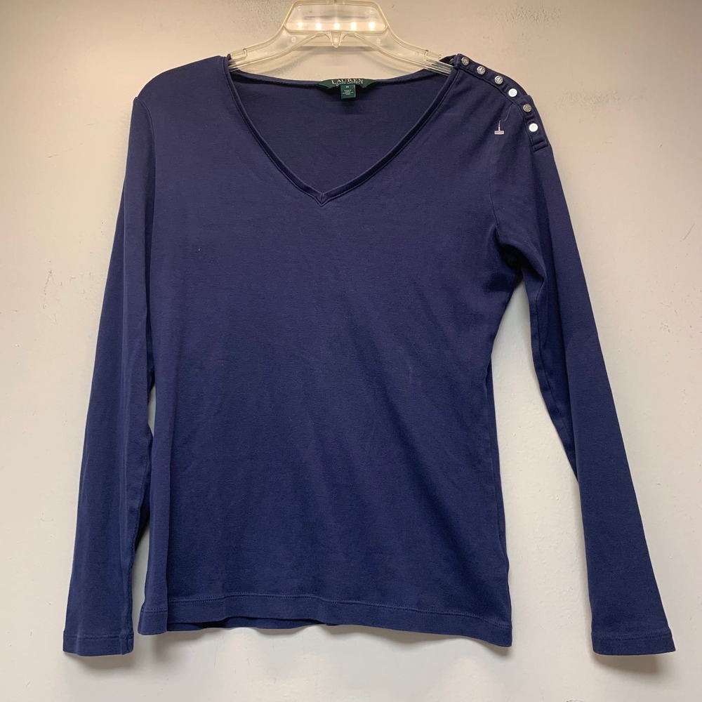 Lauren Ralph Lauren V-Neck Top Womens Medium Navy Blue Excellent Button Shoulder